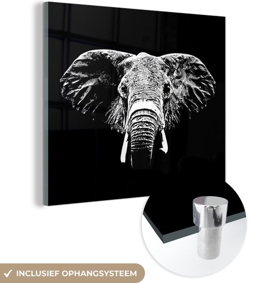 MuchoWow® Glasschilderij 20x20 cm - Schilderij acrylglas - Olifant - Dieren - Zwart - Wit - Foto op glas - Schilderijen
