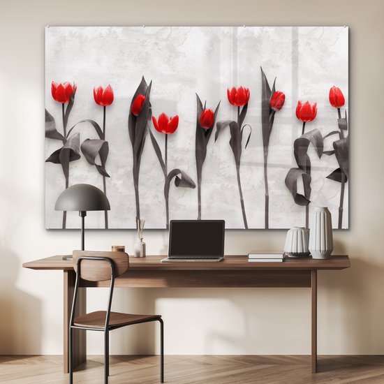MuchoWow® Glasschilderij 150x100 cm - Schilderij acrylglas - Bloemen - Tulpen - Marmer - Foto op glas - Schilderijen