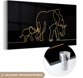 MuchoWow® Glasschilderij 160x80 cm - Schilderij acrylglas - Olifant - Goud - Zwart - Lijn - Simpel - Foto op glas - Schilderijen
