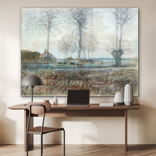 MuchoWow® Peinture sur verre 160x120 cm - Peinture sur verre acrylique - Ferme avec trois grands arbres au premier plan - Piet Mondriaan - Photo sur verre - Peintures