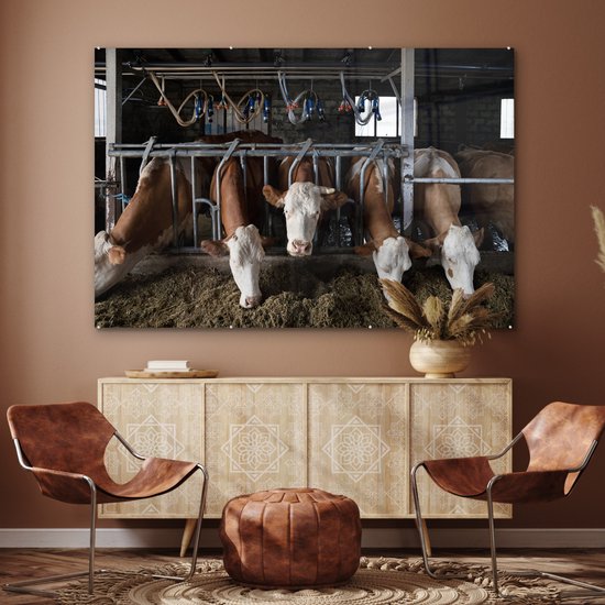 MuchoWow® Peinture sur verre 150x100 cm - Peinture sur verre - Vache - Nourriture - Ferme - Photo sur verre acrylique - Peintures