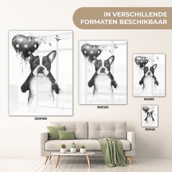 MuchoWow® Glasschilderij 30x40 cm - Schilderij acrylglas - Hond - Ballon - Stippen - Vogels - Foto op glas - Schilderijen