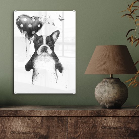 MuchoWow® Glasschilderij 30x40 cm - Schilderij acrylglas - Hond - Ballon - Stippen - Vogels - Foto op glas - Schilderijen