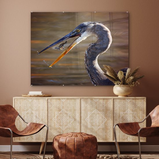 MuchoWow® Peinture sur verre - Héron avec proie - 120x90 cm - Peintures sur verre acrylique - Photo sur Glas