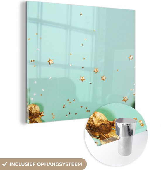 MuchoWow® Glasschilderij 90x90 cm - Schilderij acrylglas - Gouden bladeren - Foto op glas - Schilderijen
