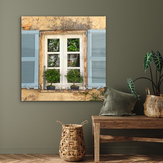 MuchoWow® Peinture sur verre 90x90 cm - Peinture acrylique sur verre - Vieux mur avec volets bleus - Photo sur verre - Peintures