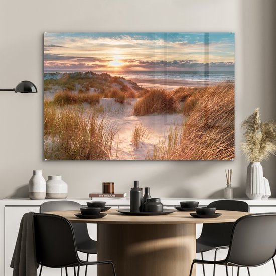 Peinture sur verre - Feuille acrylique - Plage - Mer - Dune - Photo sur verre - Peinture sur verre - Décoration murale - 120x80 cm - Verre acrylique - Peintures de salon