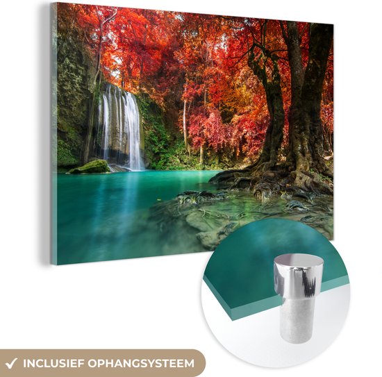 Glasschilderij - Wanddecoratie - Waterval - Japanse esdoorn - Water - Glasschilderij natuur - Foto op glas - Glazen schilderij - 180x120 cm - Acrylglas - Muurdecoratie