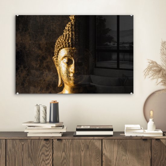 Peinture sur verre - Photo sur verre - Image de Bouddha - Or - Bouddha - Spirituel - Peinture sur verre - Décoration murale - 60x40 cm - Verre acrylique - Peinture sur verre d'intérieur - Décoration murale
