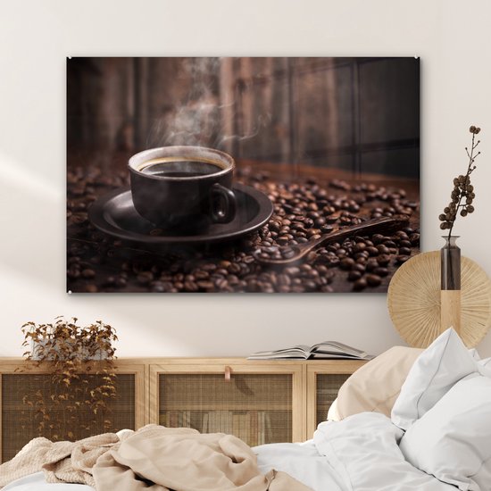MuchoWow® Peinture sur Verre - Café - Chaud - Grains de café - 90x60 cm - Peintures sur Verre Acrylique - Photo sur Glas