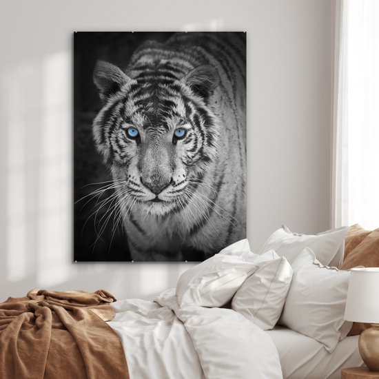 Peinture sur verre - Photo sur verre - Verre acrylique - Animaux - Tigre - Yeux - Blauw - 90x120 cm - Peinture sur verre tigre - Peinture sur verre noir et blanc - Décoration murale verre - Décoration murale animaux