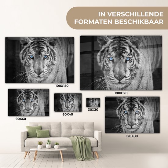 Glasschilderij - Foto op glas - Acrylglas - Dieren - Tijger - Ogen - Blauw - 120x80 cm - Glasschilderij tijger - Glasschilderij zwart wit - Muurdecoratie glas - Wanddecoratie dieren