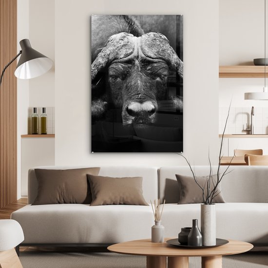 Peinture sur verre - Photo sur verre - Verre acrylique - Animaux - Buffalo - Zwart - Wit - Décoration murale animaux - 60x90 cm - Salon - Décoration de chambre - Décoration murale