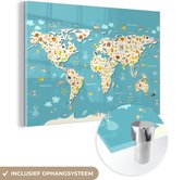 Peinture sur Verre - Carte du Wereldkaart - Enfants - Couleurs - Animaux - 120x80 cm - Peintures sur Verre Peintures - Photo sur Glas