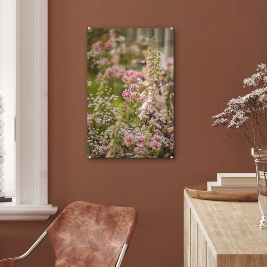 ® Glasschilderij 40x60 cm - Schilderij acrylglas - Romantisch beeld met akeleien - Foto op glas - Muurdecoratie woonkamer - Wanddecoratie slaapkamer - Schilderijen