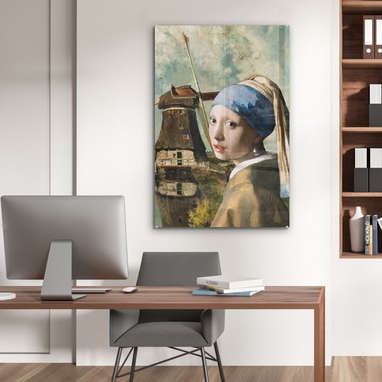 MuchoWow® Peinture sur verre 60x90 cm - Peinture sur verre acrylique - Fille à la boucle d'oreille en perle - Johannes Vermeer - Moulin - Photo sur verre - Peintures