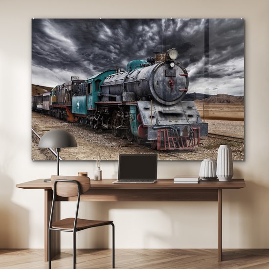 Peinture sur verre - Nuages sombres au-dessus de la locomotive à vapeur - 150x100 cm - Peintures en plexiglas