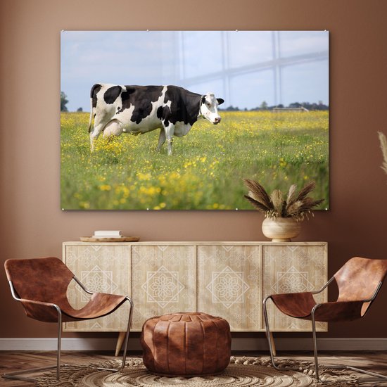 MuchoWow® Peinture sur verre 150x100 cm - Peinture sur verre acrylique - Vache - Herbe - Fleurs - Photo sur verre - Peintures