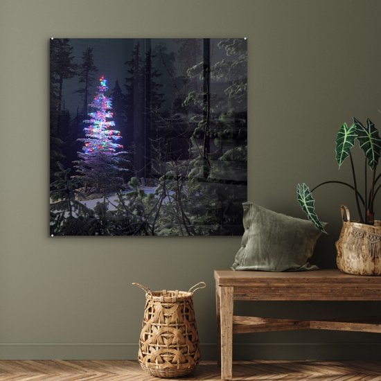 Peinture sur verre - Sapin de Noël illuminé dans une forêt sombre - 90x90 cm - Peintures Plexiglas