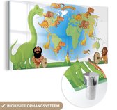 MuchoWow® Glasschilderij 120x60 cm - Schilderij acrylglas - Wereldkaart Kinderen - Dinosaurus - Vulkaan - Foto op glas - Schilderijen