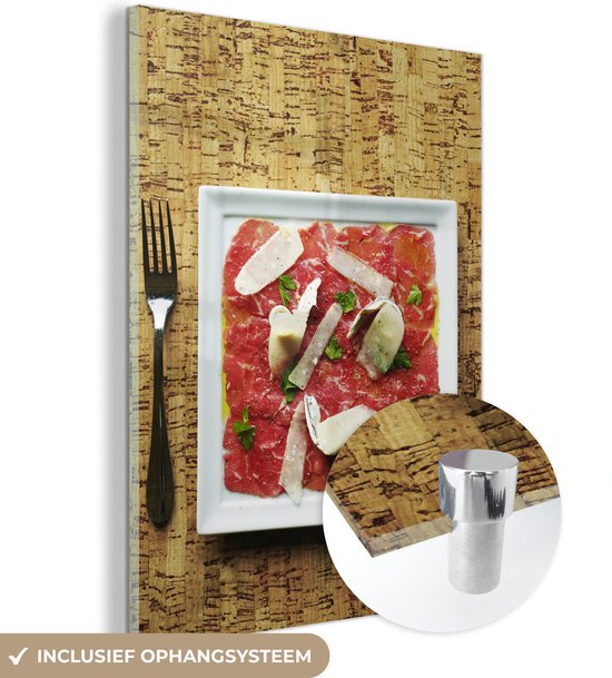 MuchoWow® Peinture sur verre 120x160 cm - Peinture sur verre acrylique - Carpaccio de bœuf au parmesan et anchois - Photo sur verre - Peintures