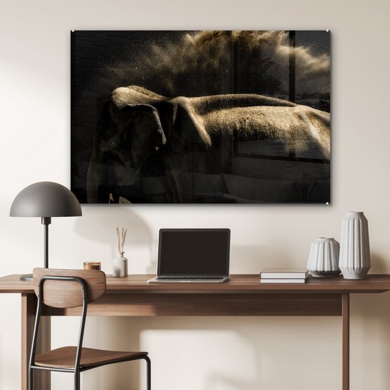 MuchoWow® Peinture sur verre 90x60 cm - Peinture sur verre acrylique - Éléphant - Boue - Animaux - Zwart - Photo sur verre - Peintures