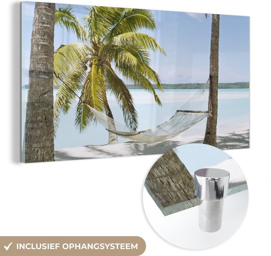 MuchoWow® Glasschilderij - Palmboom - Hangmat - Zand - Acrylglas Schilderijen - Foto op Glas