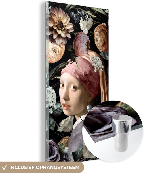 MuchoWow® Glasschilderij 60x120 cm - Schilderij acrylglas - Meisje met de parel - Bloemen - Vermeer - Pastel - Kunstwerk - Schilderij - Oude meesters - Foto op glas - Schilderijen
