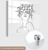MuchoWow® Glasschilderij 50x50 cm - Schilderij acrylglas - Abstracte line art van een vrouw met bloemen op haar gezicht vierkant - Foto op glas - Schilderijen