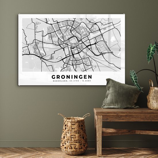 Peinture sur Verre - Carte - Groningen - Pays- Nederland - 90x60 cm - Peintures sur Verre Peintures - Photo sur Glas