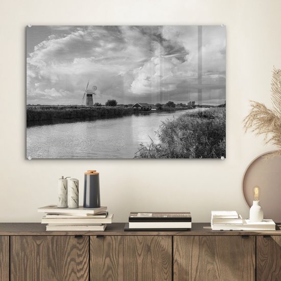 MuchoWow® Peinture sur verre 60x40 cm - Peinture sur verre acrylique - Lever de soleil au parc national des Broads en Angleterre en noir et blanc - Photo sur verre - Peintures
