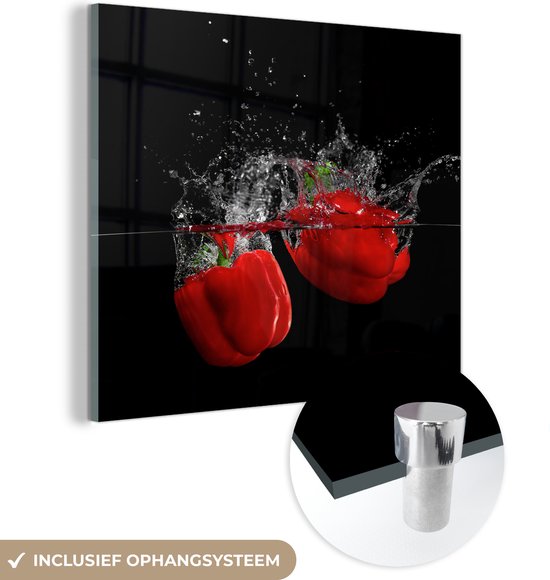 MuchoWow® Glasschilderij 20x20 cm - Schilderij acrylglas - Paprika - Groente - Stilleven - Water - Rood - Foto op glas - Schilderijen