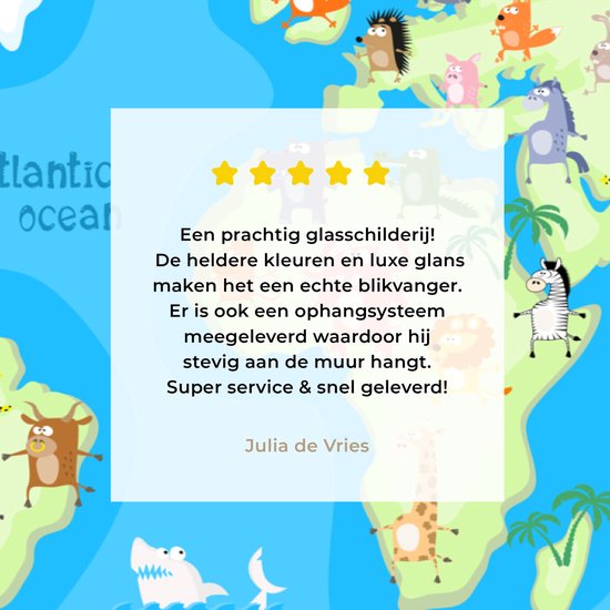 MuchoWow® Peinture sur verre 60x40 cm - Peinture sur verre acrylique - Wereldkaart - Enfant - Animaux - Blauw - Garçons - Filles - Photo sur verre - Peintures