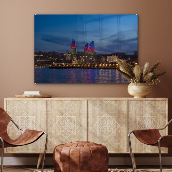 MuchoWow® Glasschilderij 90x60 cm - Schilderij acrylglas - Gekleurde Flame Towers in Azerbeidzjan - Foto op glas - Schilderijen