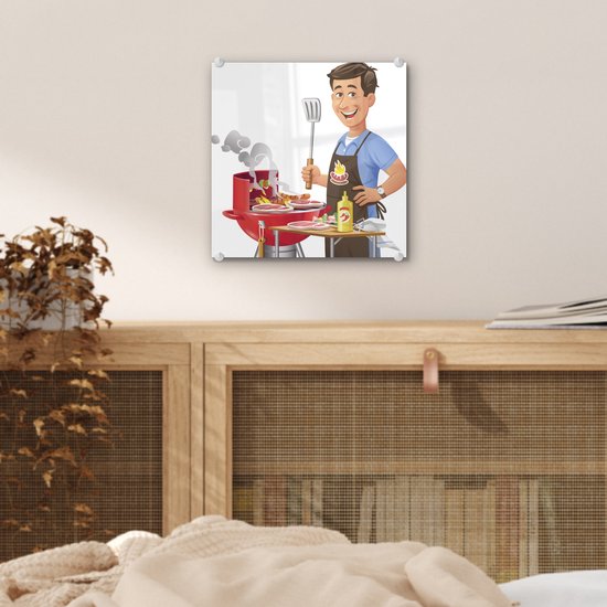 MuchoWow® Peinture sur verre 20x20 cm - Peinture sur verre acrylique - Illustration d'un homme préparant de la nourriture sur le barbecue - Photo sur verre - Peintures