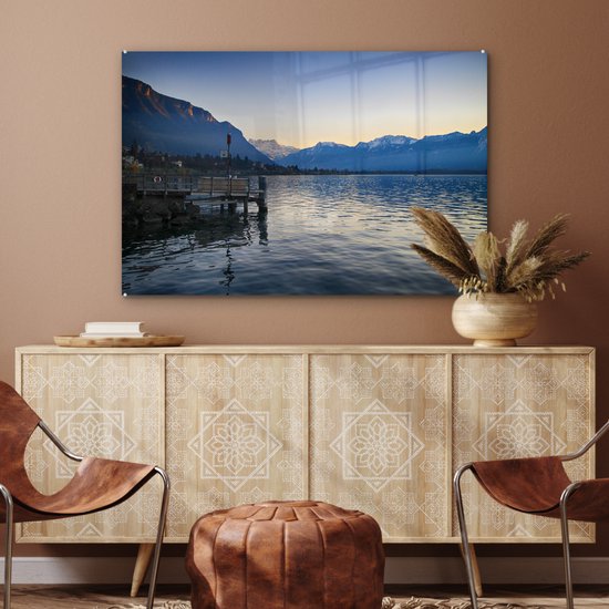 Coucher de soleil derrière les Alpes au lac Léman Plexiglas 90x60 cm - Tirage photo sur Glas (décoration murale plexiglas)
