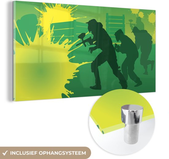 MuchoWow® Peinture sur Verre - Une Illustration Verte de Paintball sur un Terrain - 160x80 cm - Peintures sur Verre Peintures - Photo sur Glas