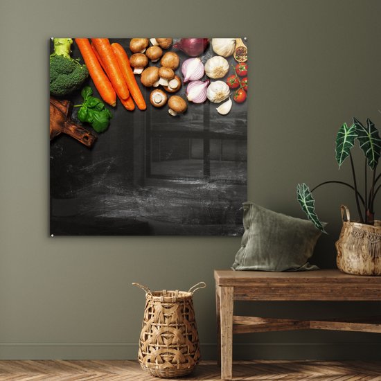 MuchoWow® Glasschilderij 90x90 cm - Schilderij acrylglas - Wortel - Groente - Kruiden - Specerijen - Rustiek - Foto op glas - Schilderijen