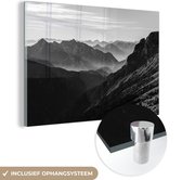 MuchoWow® Glasschilderij 90x60 cm - Schilderij acrylglas - Bergen - Natuur - Mist - Foto op glas - Schilderijen