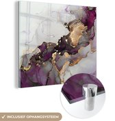 MuchoWow® Glasschilderij 20x20 cm - Schilderij acrylglas - Marmer - Abstract - Goud - Paars - Foto op glas - Schilderijen