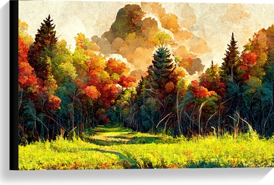 Canvas - Schilderij van Bospad tussen Herfstkleurige Bomen - 60x40 cm Foto op Canvas Schilderij (Wanddecoratie op Canvas)