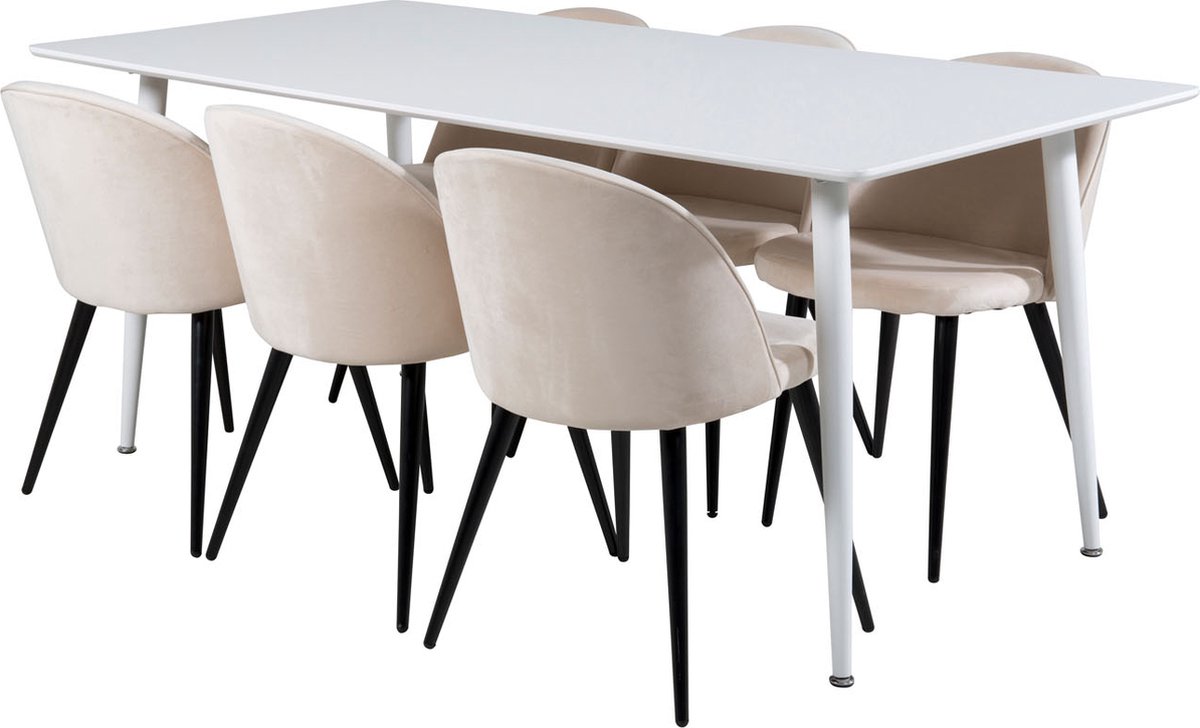 Polar180X90WHWH eethoek eetkamertafel wit en 6 Velvet eetkamerstal velours beige, zwart.
