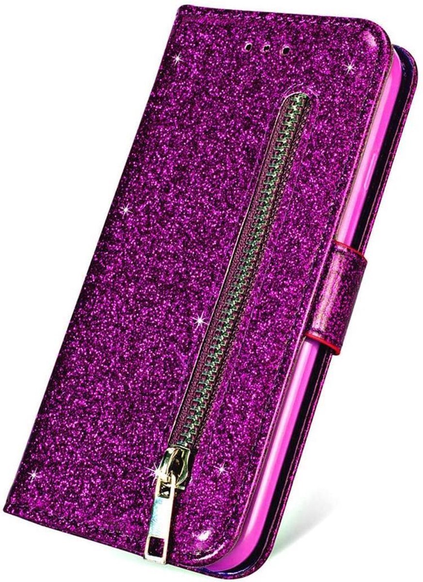 Glitter Bookcase Hoesje Geschikt voor: Samsung Galaxy A33 5G met rits - hoesje - portemonneehoesje - Paars - ZT Accessoires