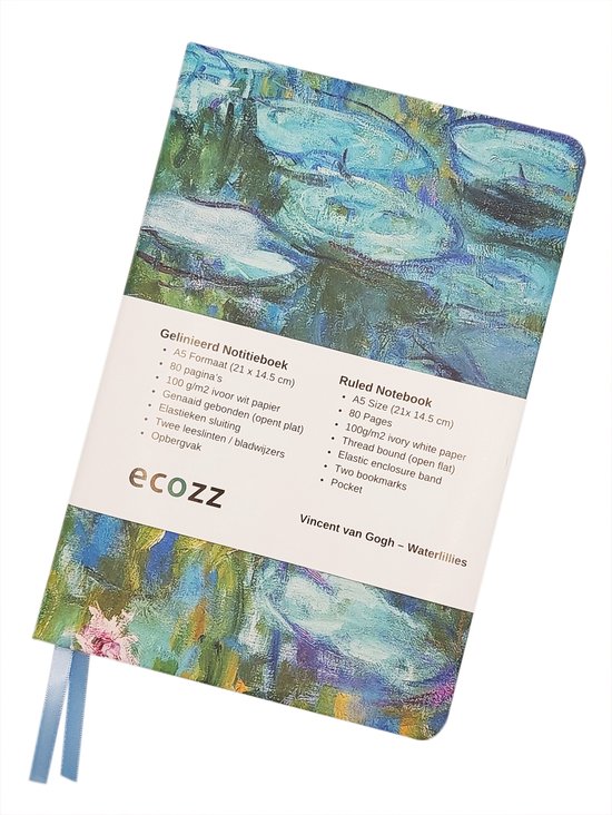 Ecozz gelinieerd notitieboek - Harde kaft - Claude Monet - Waterlelies - A5 Formaat - 80 pagina's - Twee leeslinten - Elastieken sluiting - Voorzien van opbergvak - FSC! - Notitieboek A5 - Hardcover - Gelijnd - Opent plat - 100g/m2 ivoor wit papier
