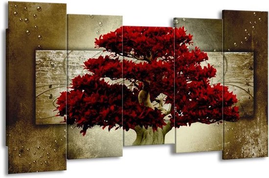 GroepArt - Canvas Schilderij - Boom - Rood, Bruin - 150x80cm 5Luik- Groot Collectie Schilderijen Op Canvas En Wanddecoraties