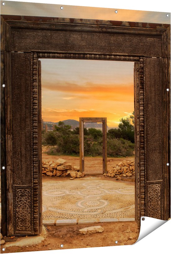 Foto: Gards tuinposter cale llentia deur opening in ibiza 120x150 cm tuindoek tuindecoratie wanddecoratie buiten tuinschilderij