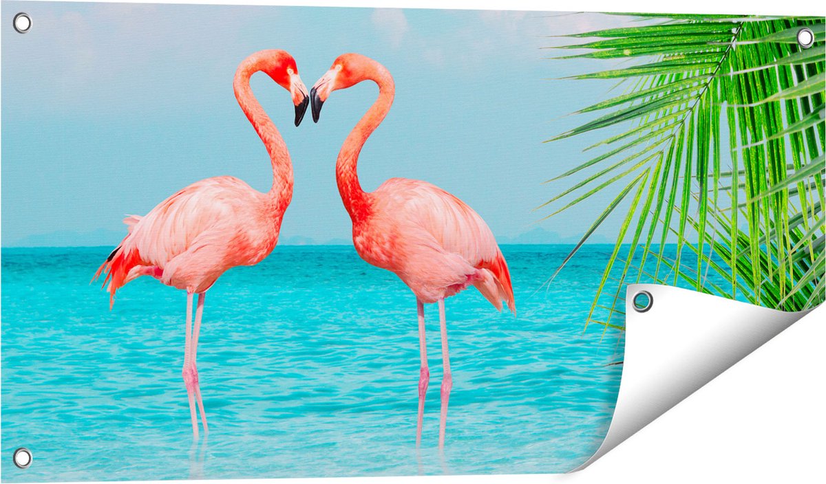 Gards Tuinposter Twee Flamingo's in een Hart Vorm in het Water - 80x40 cm - Tuindoek - Tuindecoratie - Wanddecoratie buiten - Tuinschilderij Multikleur