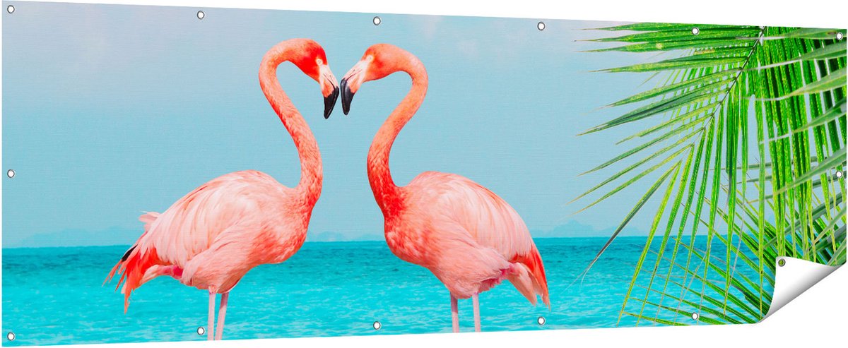 Gards Tuinposter Twee Flamingo's in een Hart Vorm in het Water - 210x70 cm - Tuindoek - Tuindecoratie - Wanddecoratie buiten - Tuinschilderij Multikleur