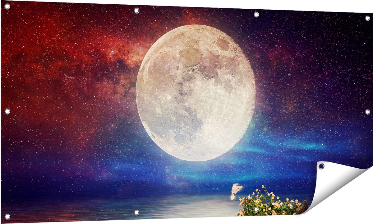 Gards Tuinposter Volle Maan in de Hemel boven het Water - 140x70 cm - Tuindoek - Tuindecoratie - Wanddecoratie buiten - Tuinschilderij Multikleur