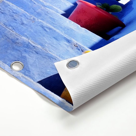 Gards Affiche de jardin Maisons bleues avec Pots de fleurs au Maroc Chefchaouen - 80x120 cm - Toile jardin - Décoration de jardin - Décoration murale extérieur - Tableau jardin